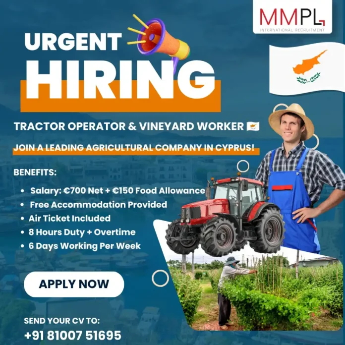 Tractor operator working in a vineyard in Cyprus