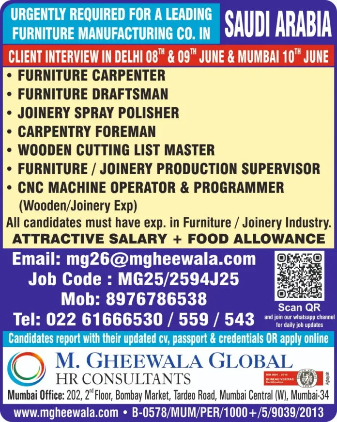 Furniture manufacturing jobs Saudi Arabia M Gheewala