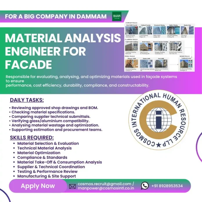 Facade material analyst engineer reviewing curtain wall systems in Dammam