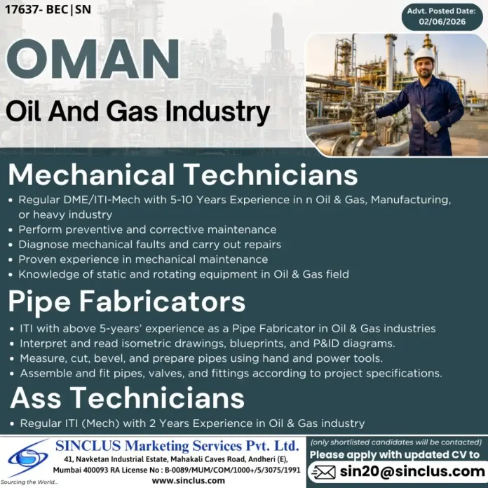 Oil and Gas technicians and pipe fabricators working on equipment in Oman