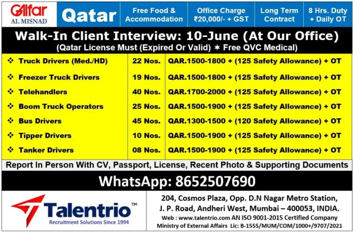 Qatar driver recruitment talentrio walk-in interview