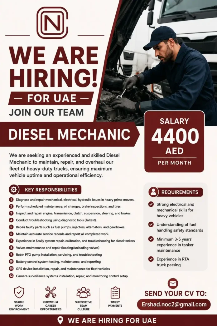 Diesel Mechanic working on heavy-duty truck in UAE