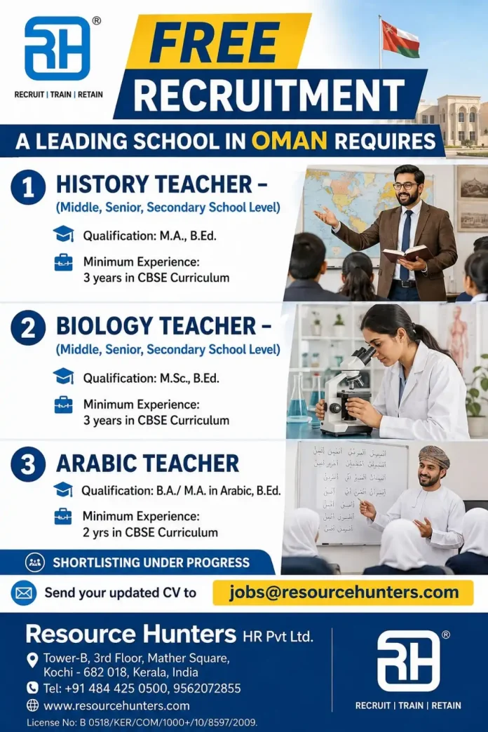 CBSE school in Oman hiring teachers for History, Biology, and Arabic