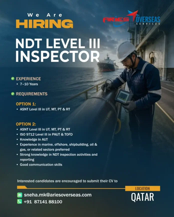 NDT Level III Inspector Job Aries Overseas Qatar