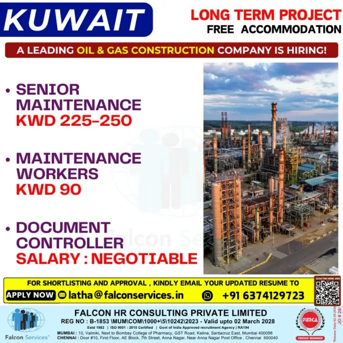 Oil and gas construction project in Kuwait with free accommodation
