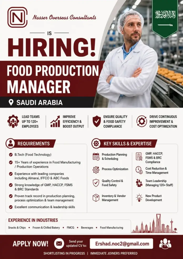 Food Production Manager job posting by N Nasser Overseas Consultants in Saudi Arabia