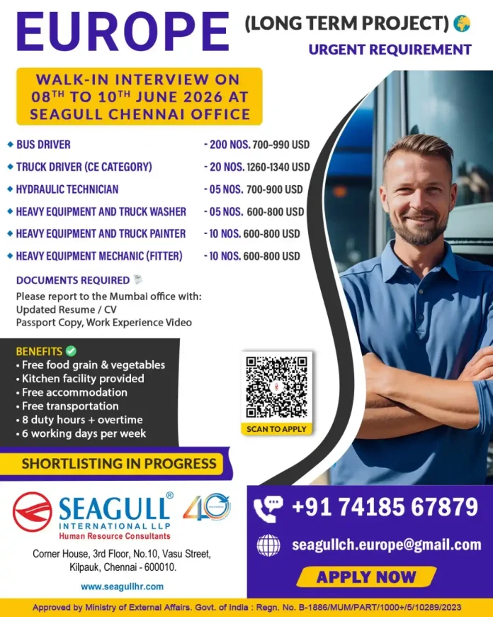 Walk-in interview for Europe jobs at Seagull Chennai office June 2026