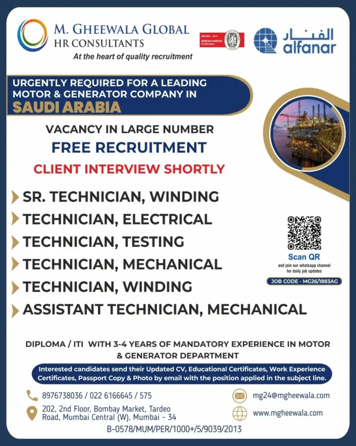 M. Gheewala Global HR Consultants recruitment for motor generator company in Saudi Arabia