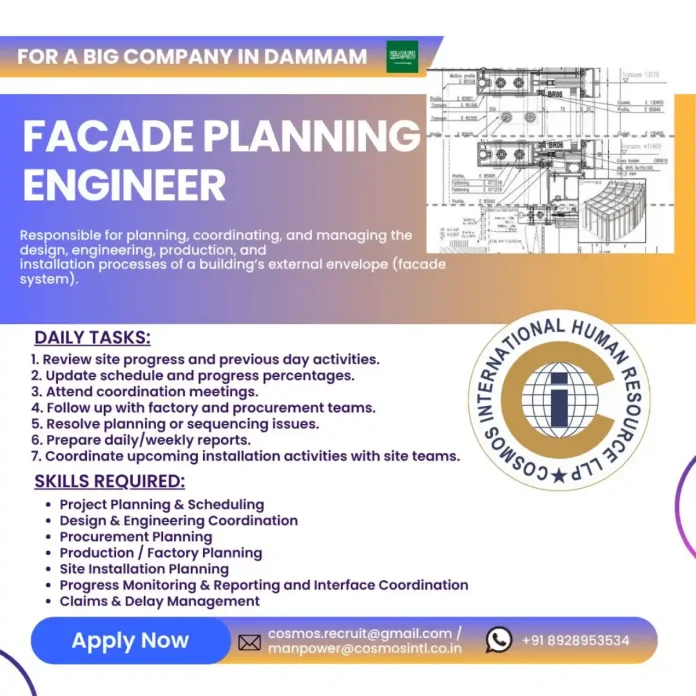Facade Planning Engineer working on building envelope project in Dammam