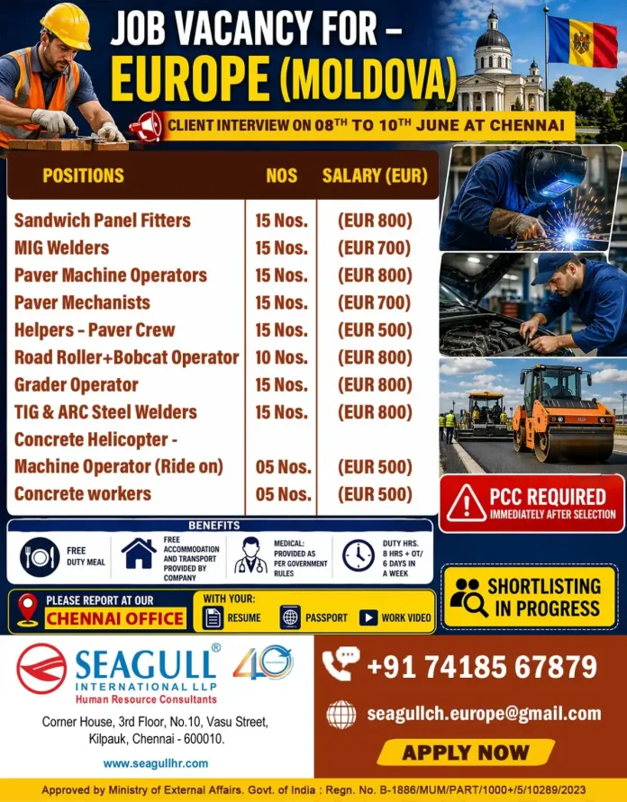Job vacancy poster for Europe Moldova construction positions Seagull International