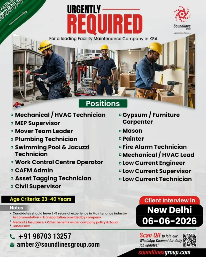 Soundlines Group facility maintenance jobs KSA interview New Delhi