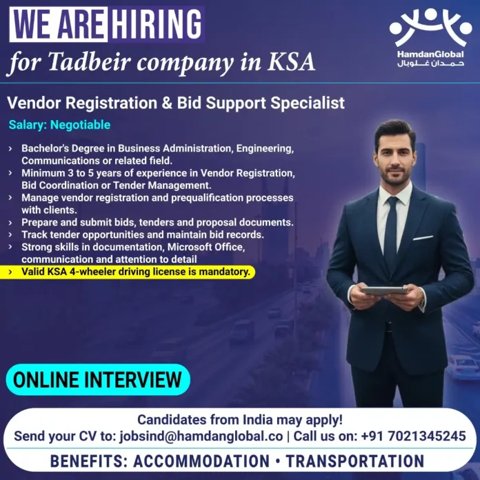 Vendor Registration & Bid Support Specialist job posting for Tadbeir Company KSA