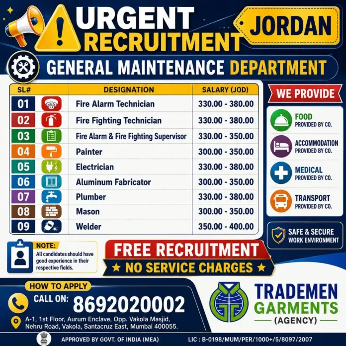 Recruitment poster for general maintenance jobs in Jordan with salary and benefits