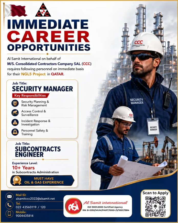 Security Manager job advertisement for CCC NGL5 project in Qatar