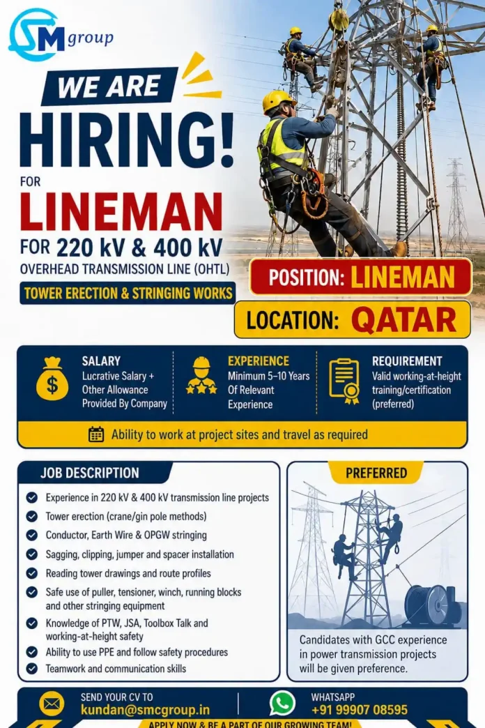 Lineman working on high-voltage transmission line tower