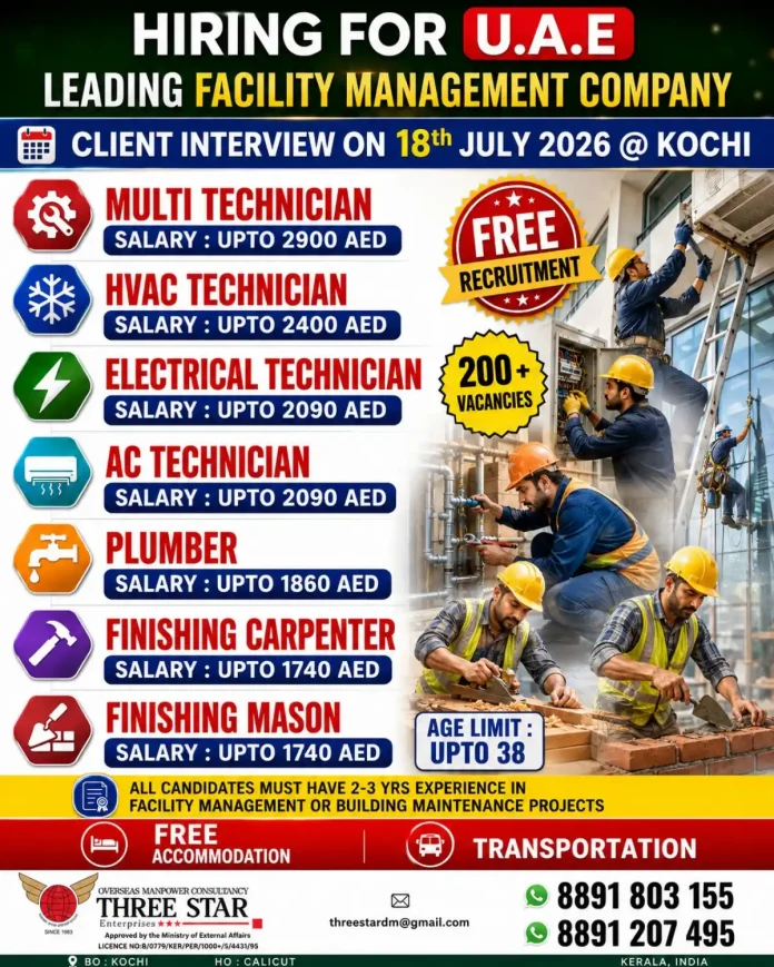 Three Star Enterprises UAE facility management technician recruitment