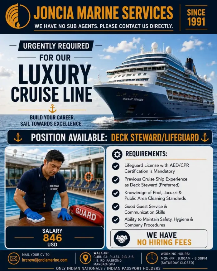 Luxury cruise ship Oceanic Horizon hiring Deck Steward Lifeguard