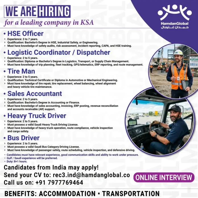 HamdanGlobal hiring banner for multiple positions in KSA