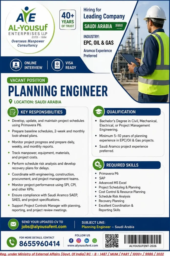 Planning Engineer job in Saudi Arabia - AL-Yousuf Enterprises