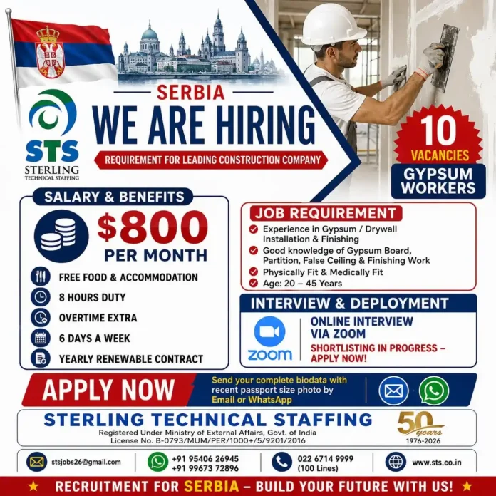 Gypsum worker in Serbia job vacancy - Apply now