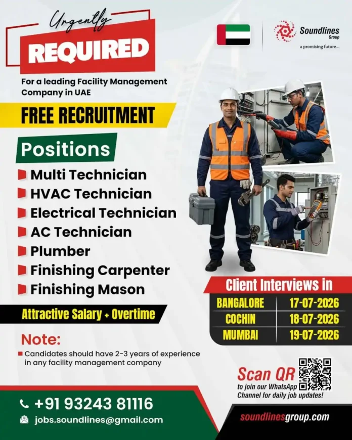 Soundlines Group recruitment banner for facility management jobs in UAE with interview dates in India