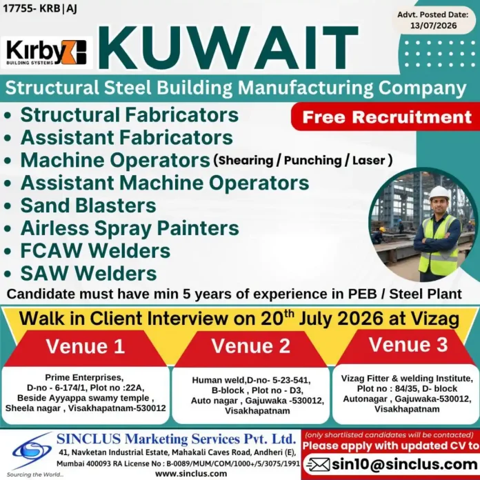 Structural steel fabrication jobs Kuwait walk-in interview