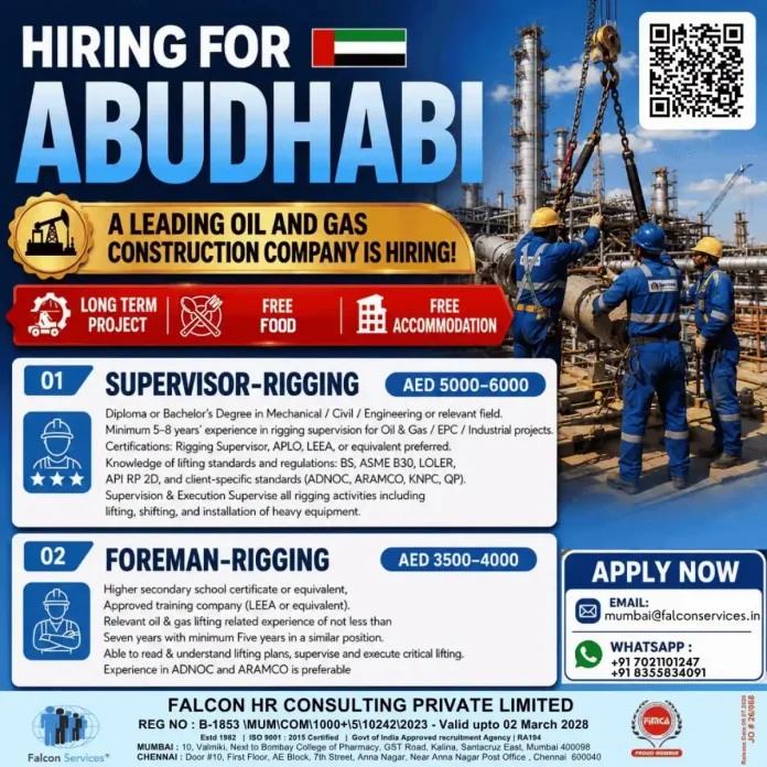 Oil and gas construction company hiring rigging supervisors and foremen in Abu Dhabi