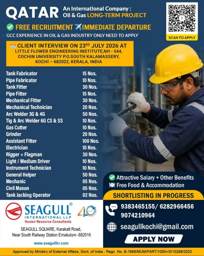 Oil and gas recruitment banner with Qatar flag and job positions