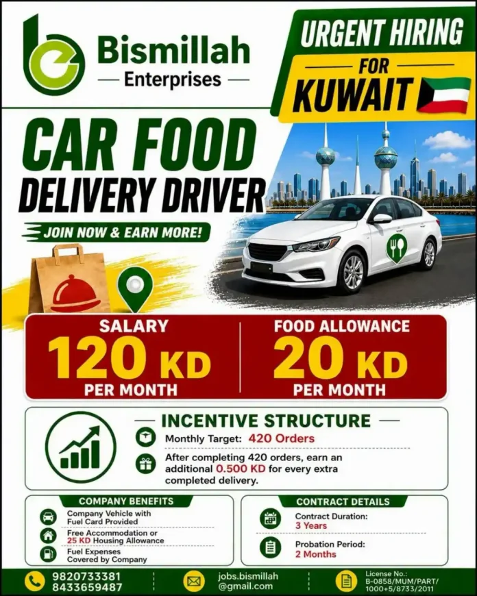 Car Food Delivery Driver job advertisement Kuwait