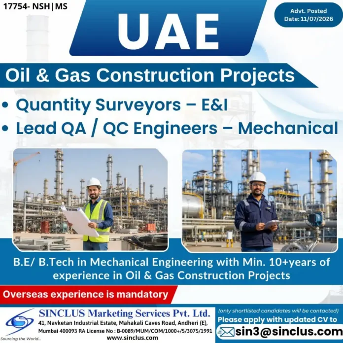 SINCLUS Marketing Services Recruitment for Quantity Surveyor and QA/QC Engineer UAE