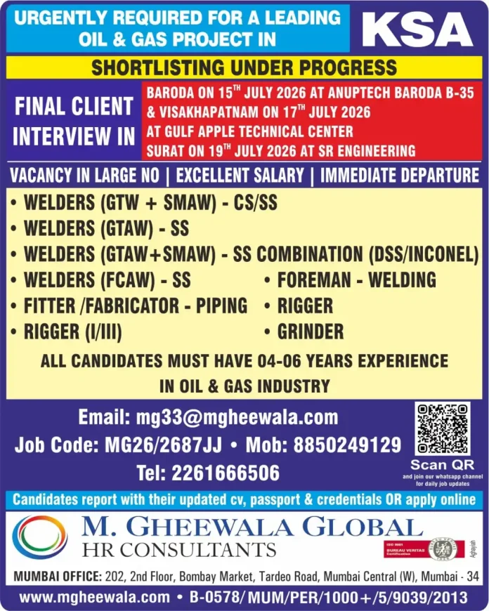 Welding jobs in Saudi Arabia walk-in interview