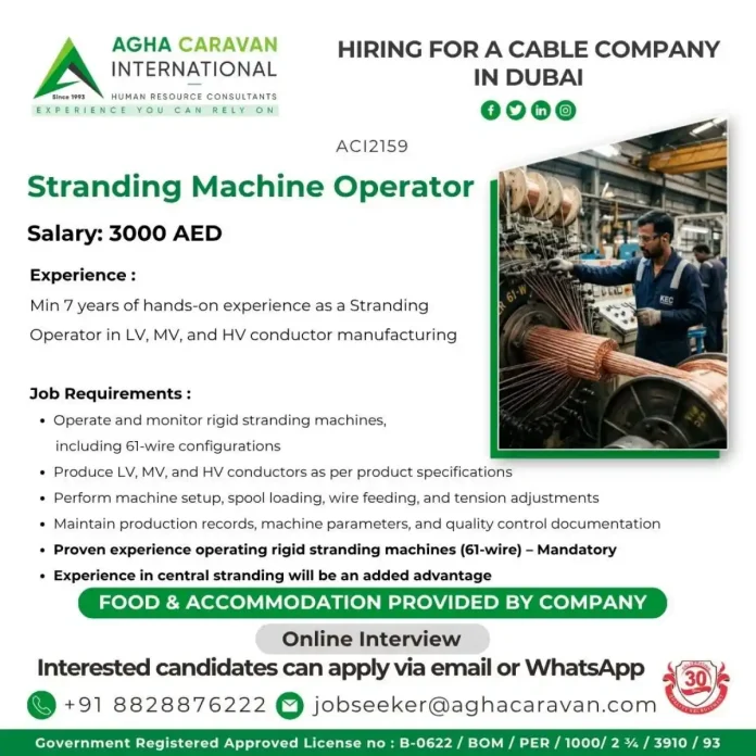 Stranding Machine Operator working on cable manufacturing machine in Dubai