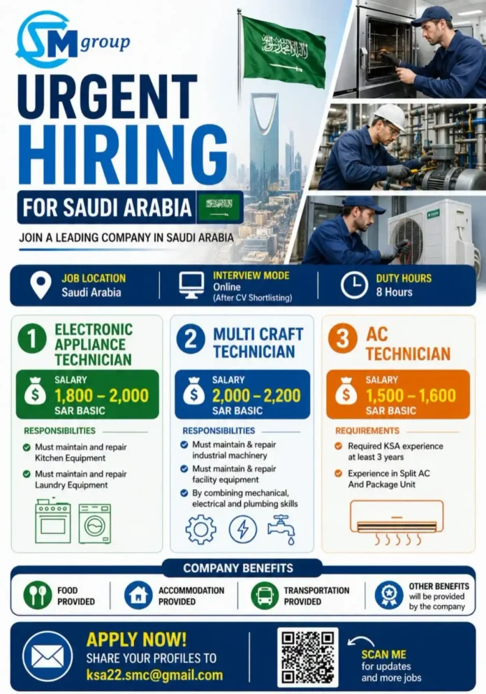 SM Group hiring electronic appliance technician multi craft technician AC technician Saudi Arabia job advertisement