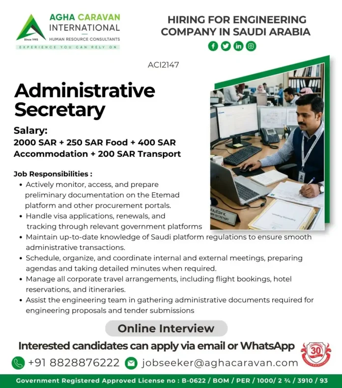 Administrative Secretary job in Saudi Arabia