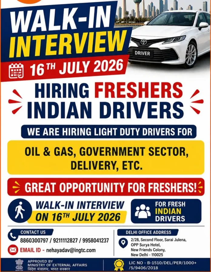 Walk-in interview for light duty drivers on 16th July 2026