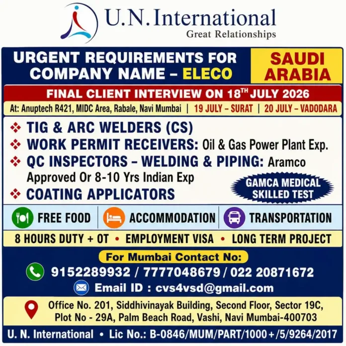 Job posting for welding and QC positions in Saudi Arabia with Eleco