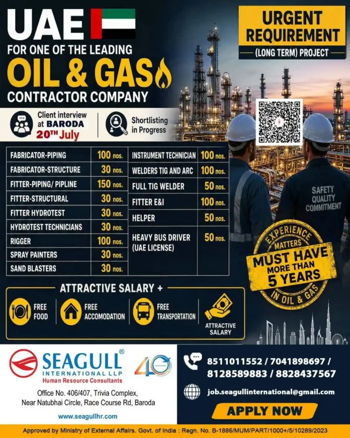 UAE Oil and Gas contractor hiring walk-in interview in Baroda July 2025