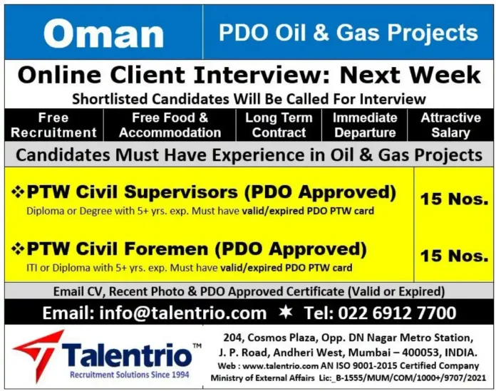 PDO Oil and Gas Projects Recruitment for PTW Civil Supervisors and Foremen