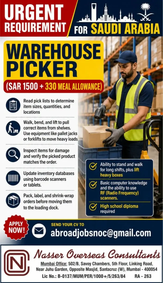 Warehouse worker picking items from shelves using a pallet jack