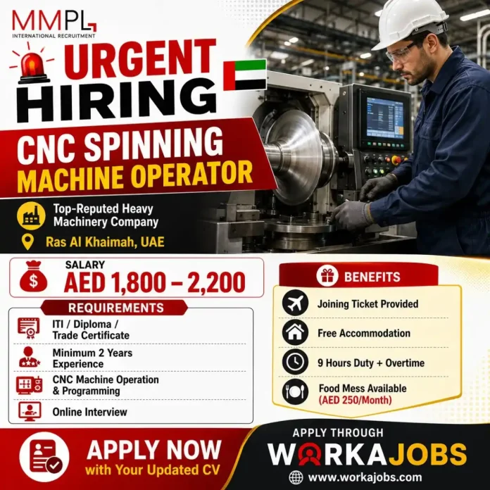 CNC spinning machine operator working in a heavy machinery factory in Ras Al Khaimah