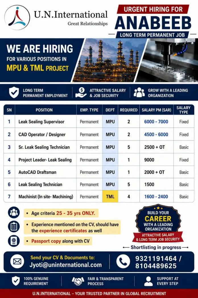 U.N.International hiring banner for MPU and TML project positions