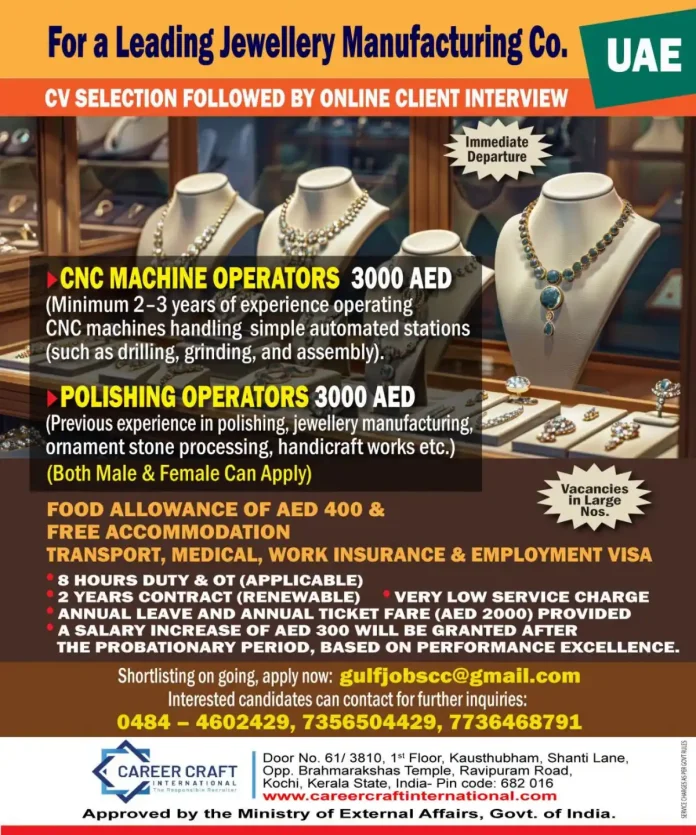 CNC Machine Operator and Polishing Operator job vacancy in UAE jewellery manufacturing