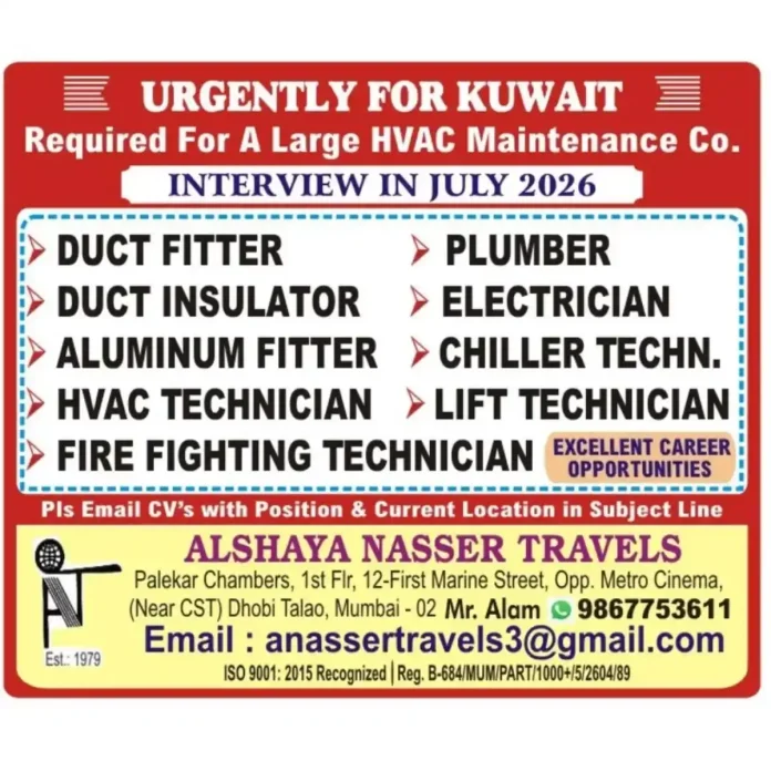 HVAC and maintenance job openings in Kuwait with interview in Mumbai July 2026