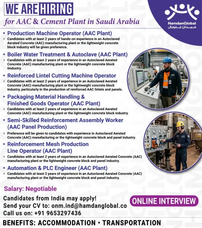 AAC plant production line with workers operating machinery in Saudi Arabia