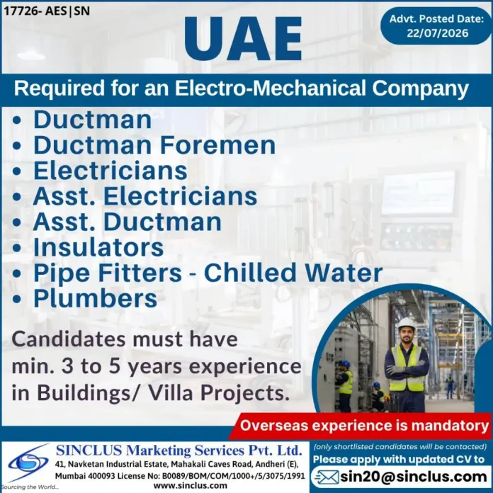 Electro-Mechanical company hiring Ductman, Electricians, Pipe Fitters in UAE