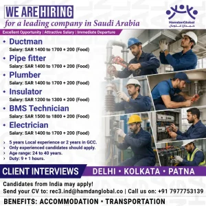 Job hiring for Ductman, Pipe Fitter, Plumber, Insulator, BMS Technician and Electrician in Saudi Arabia