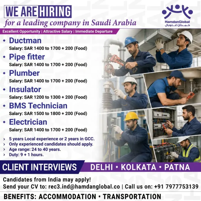 Job hiring for Ductman, Pipe Fitter, Plumber, Insulator, BMS Technician and Electrician in Saudi Arabia