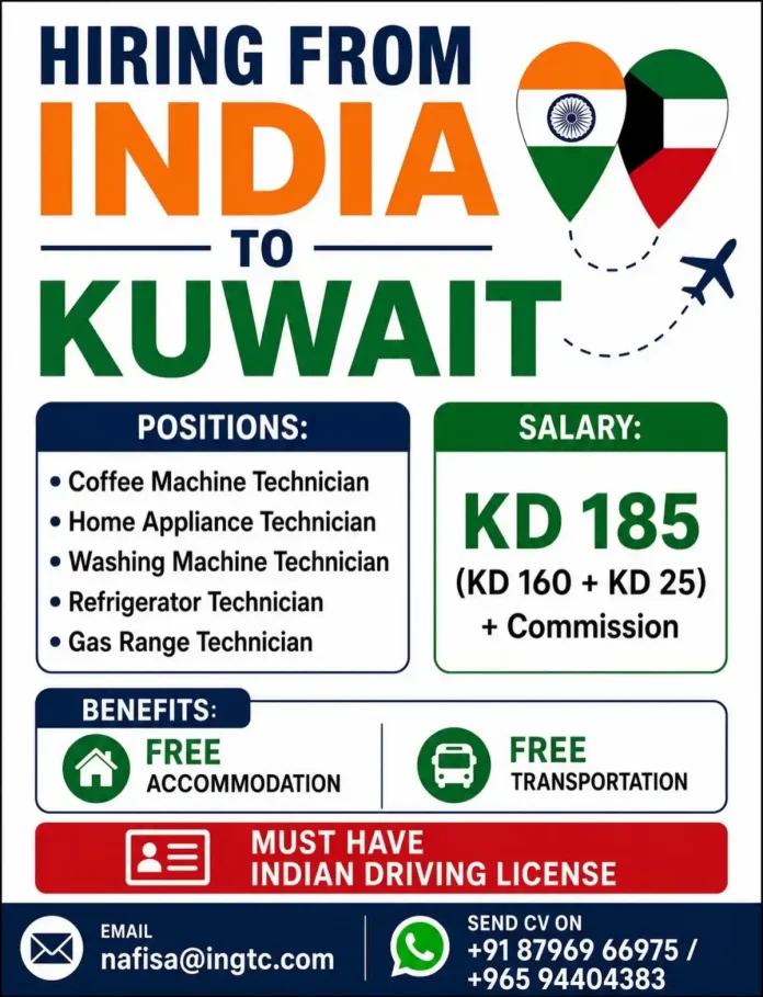Technician job hiring from India to Kuwait with free accommodation and transportation