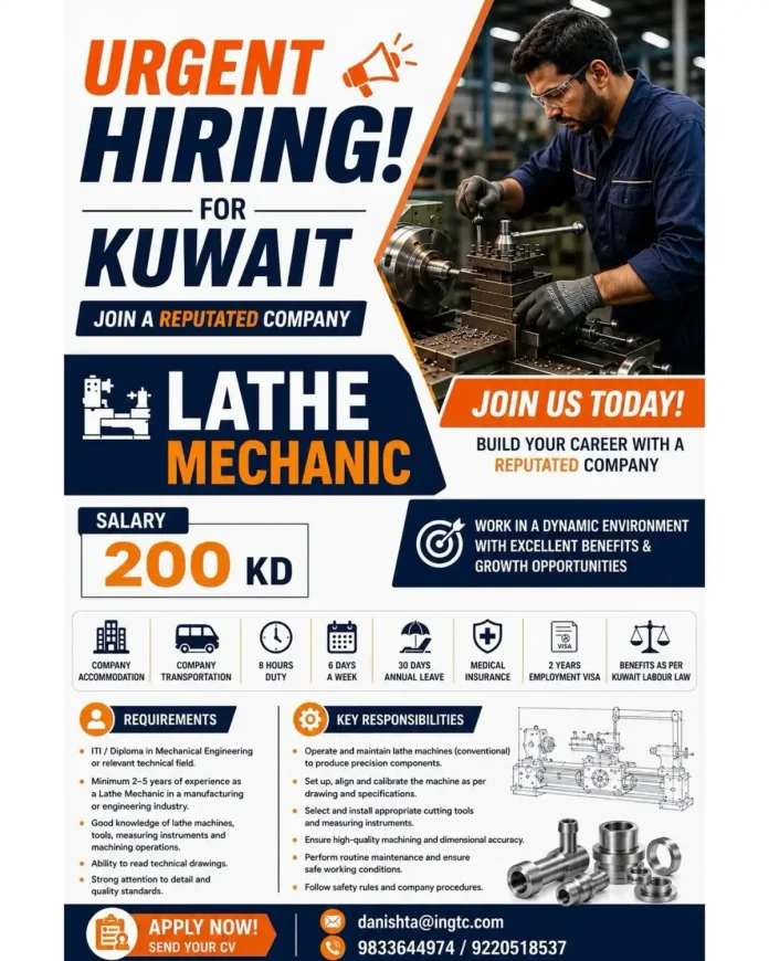 Lathe Mechanic operating a lathe machine in a Kuwaiti industrial facility