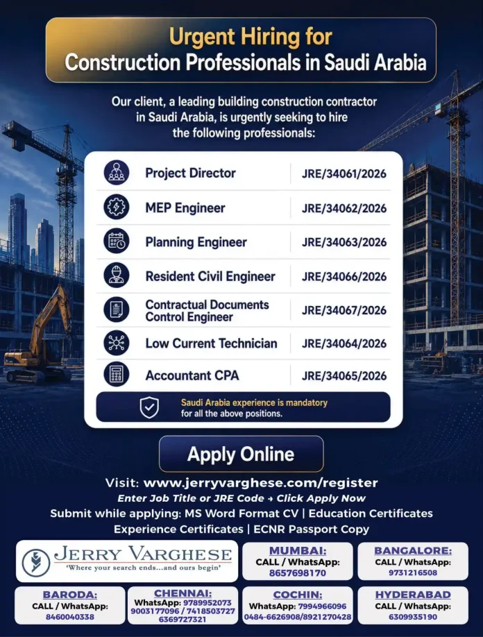 Construction professionals hiring Saudi Arabia